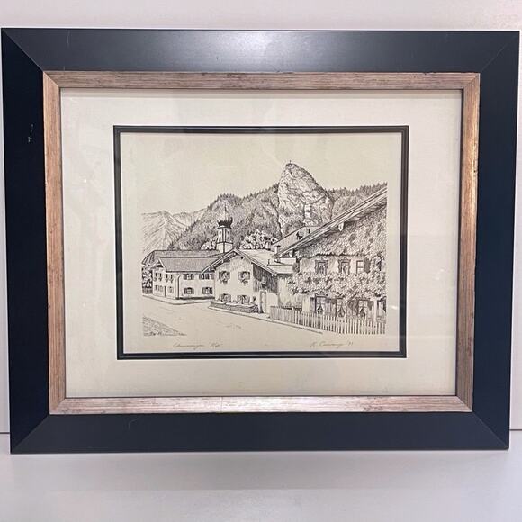 Framed Kofel Oberammergau Germany Signed Drawing Print Passion Play Bavaria Alps - Picture 9 of 10